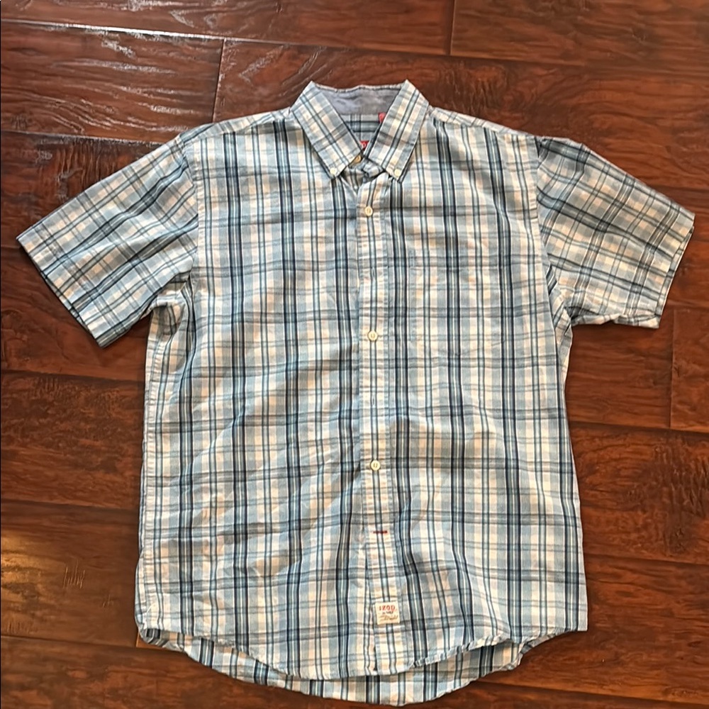 Izod Blue and White Dress Shirt with Plaid Design